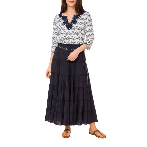 Woman's Boho Tunic Top Sz L  Embroidery White Navy Blue 100% Cotton - Picture 1 of 6